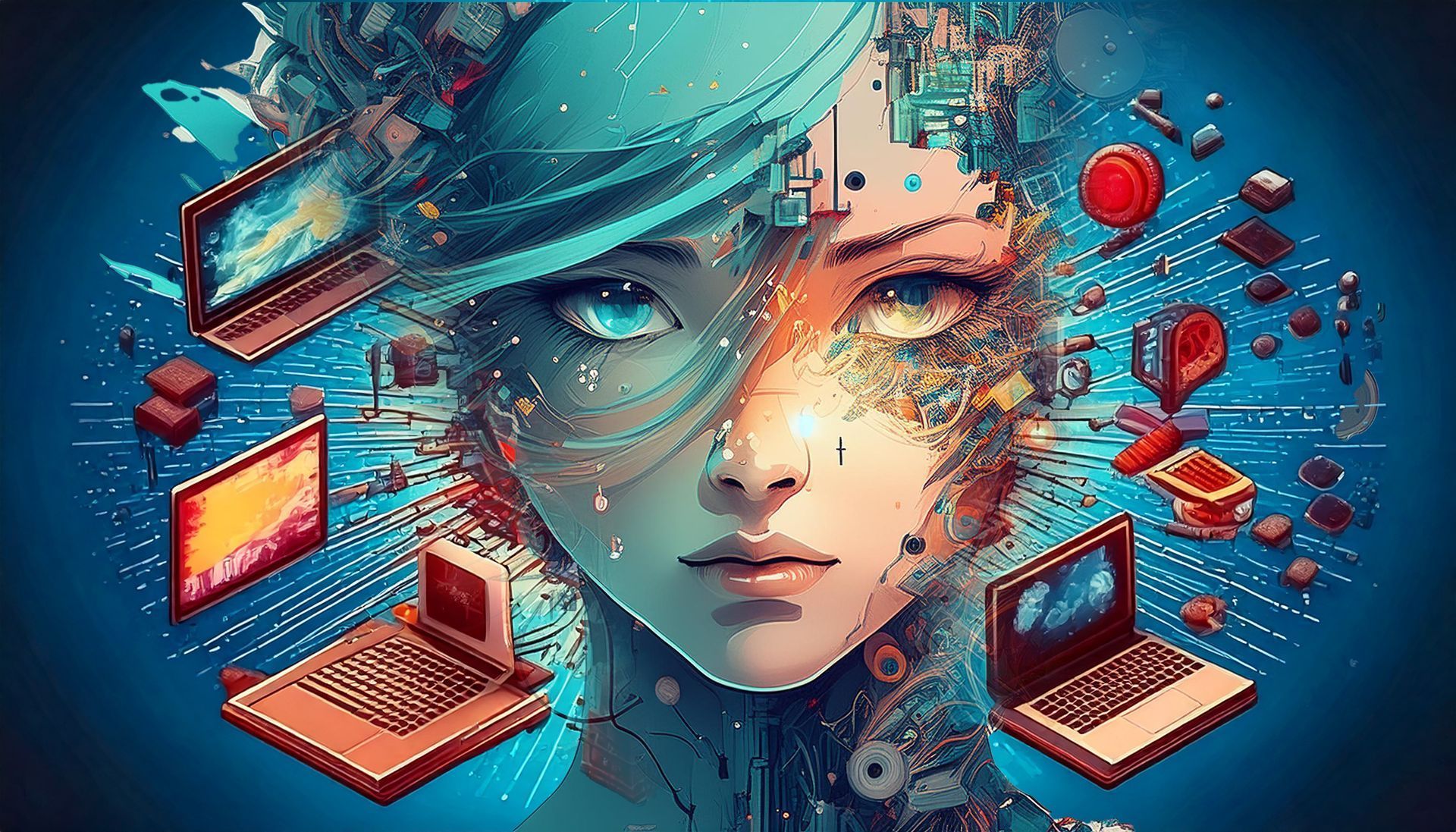 Stylized digital portrait of a woman’s face with floating laptops, screens, and red data elements on a blue background
