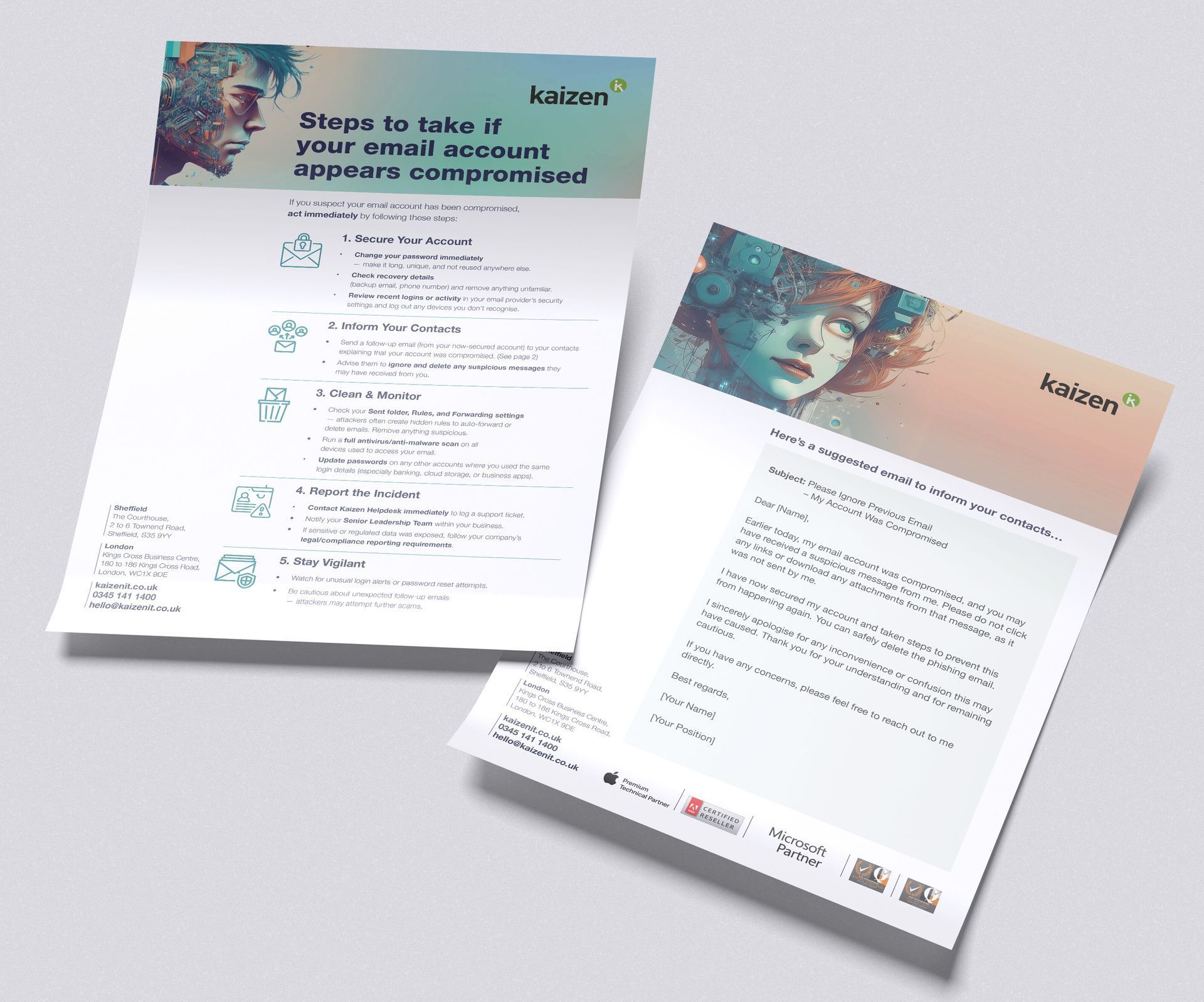 Two teal-and-peach brochures laid open on a light gray surface.