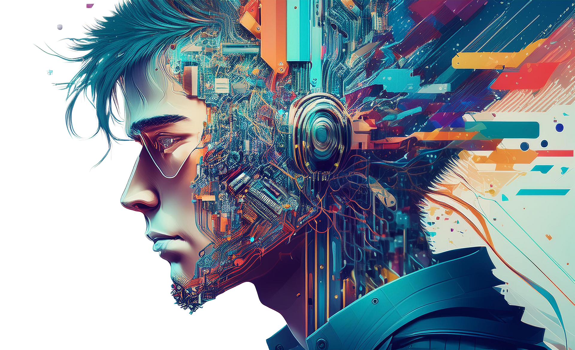 Profile of a futuristic cyberpunk face with neon digital circuitry and colorful abstract glitches