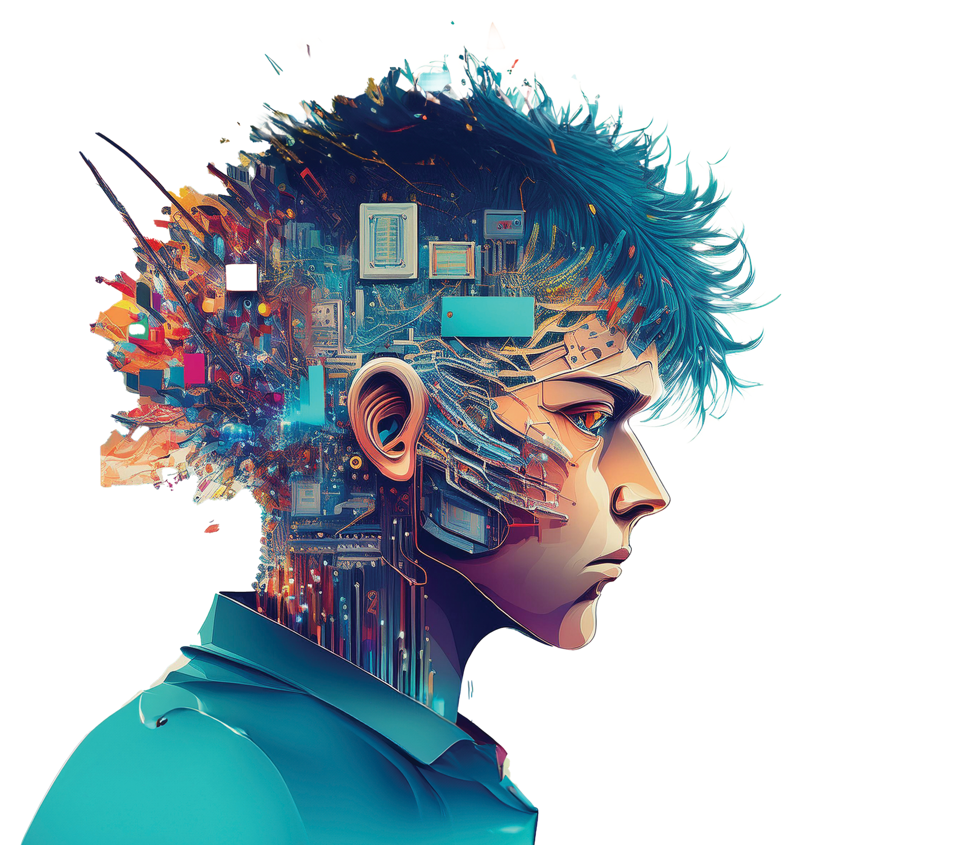 Abstract profile portrait of a person with digital circuitry and colorful fragments emerging from the head