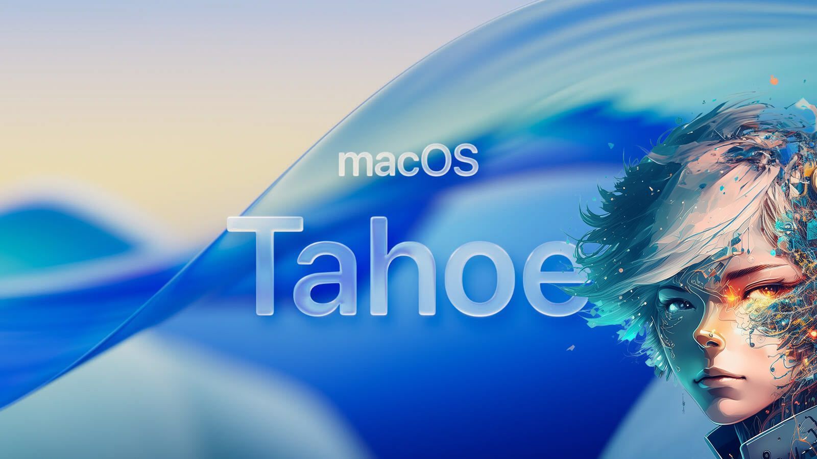 MacOS Tahoe promo graphic with blue wave and a stylized face on the right