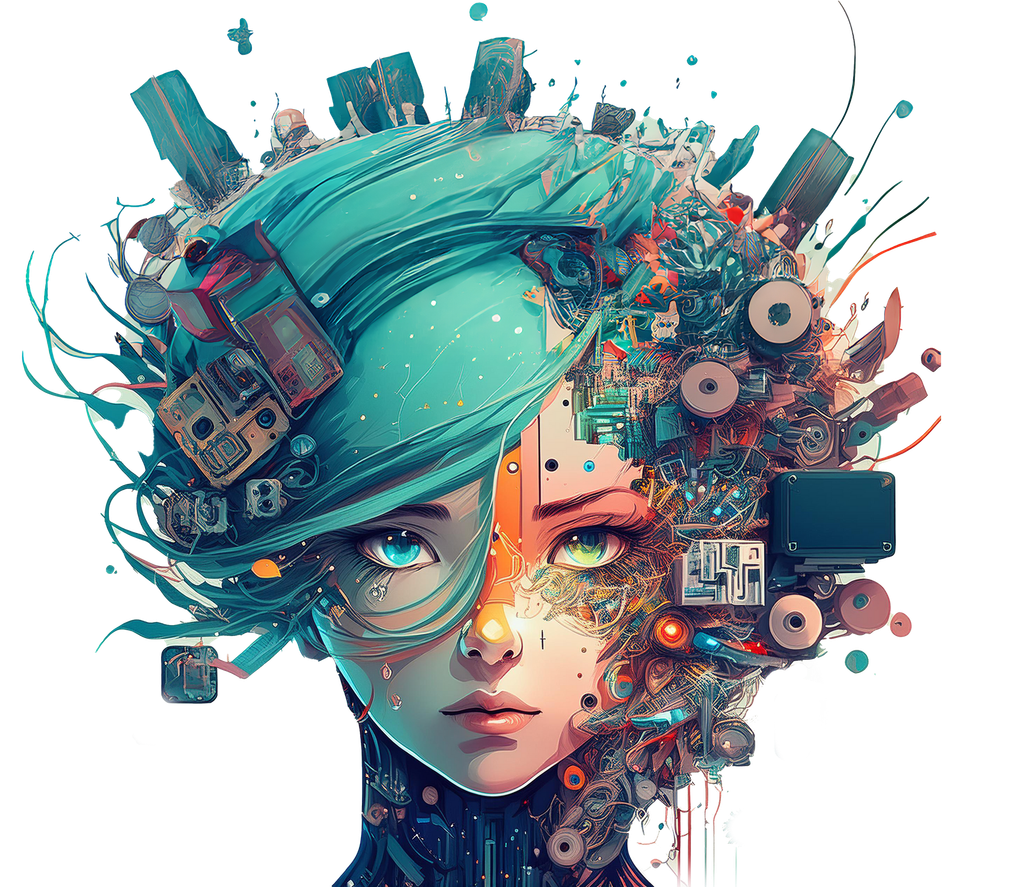 Abstract portrait with teal hair and glasses, surrounded by colorful digital gears and circuitry.