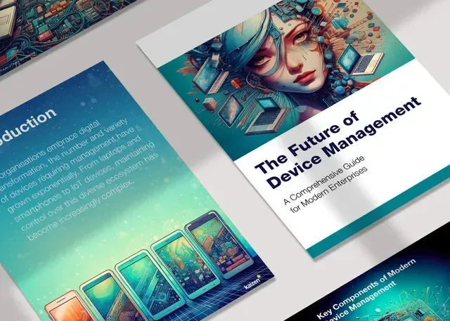 Three teal-and-white tech report covers, including “The Future of Device Management,” arranged diagonally.