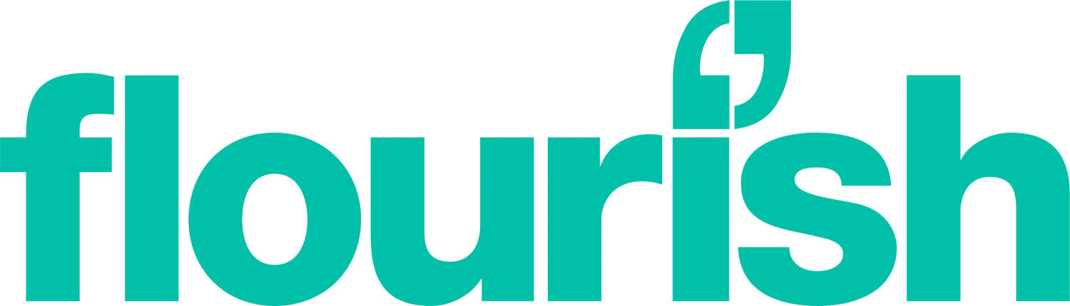 Teal “flourish” wordmark logo on a white background