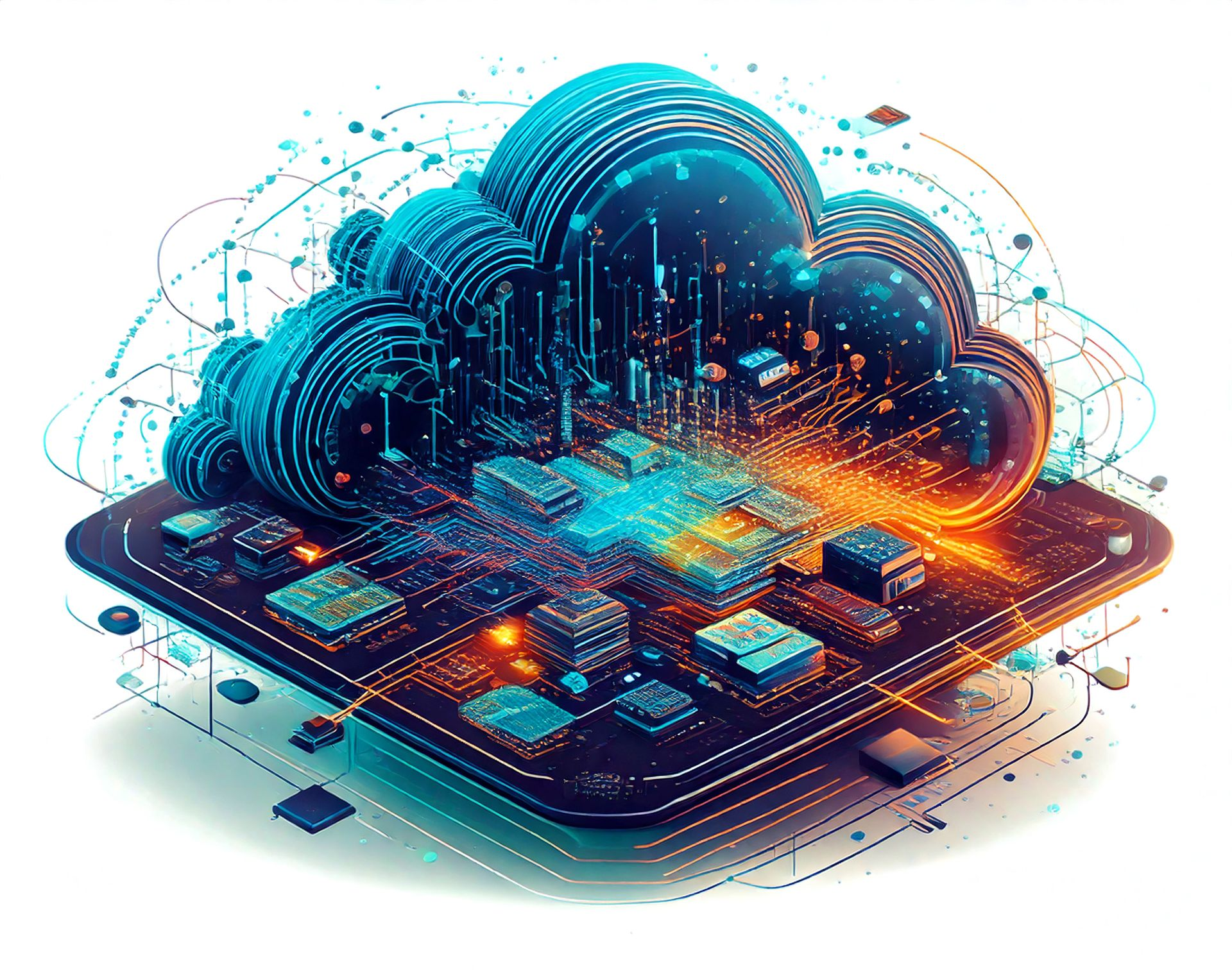 Glowing cloud computing network on a digital circuit board with blue and orange data lights