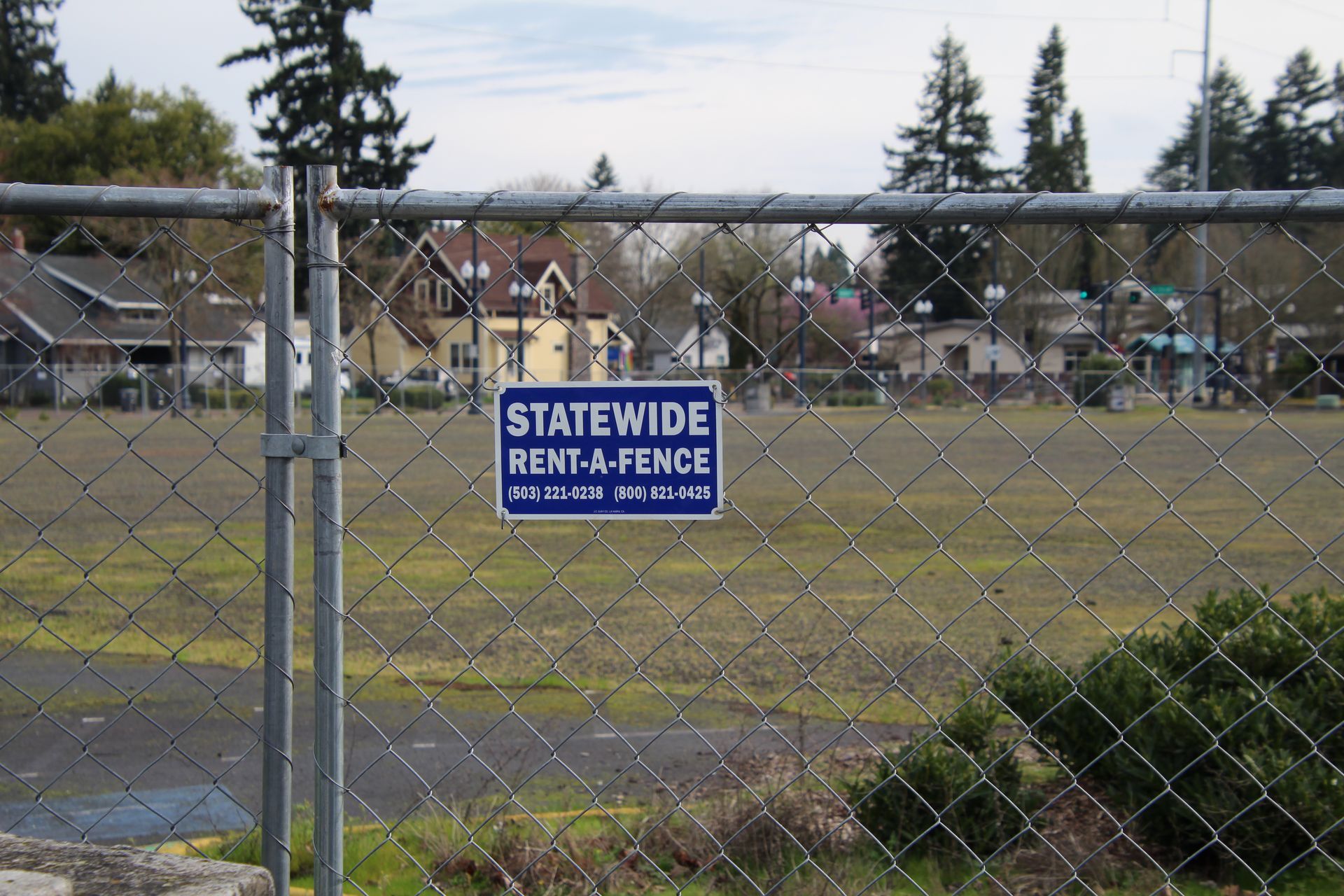 Temporary metal fencing along a sidewalk beside trees and parked cars