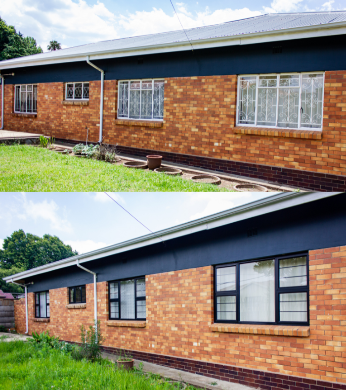 Before-and-after view of a brick house exterior with replaced windows and dark trim