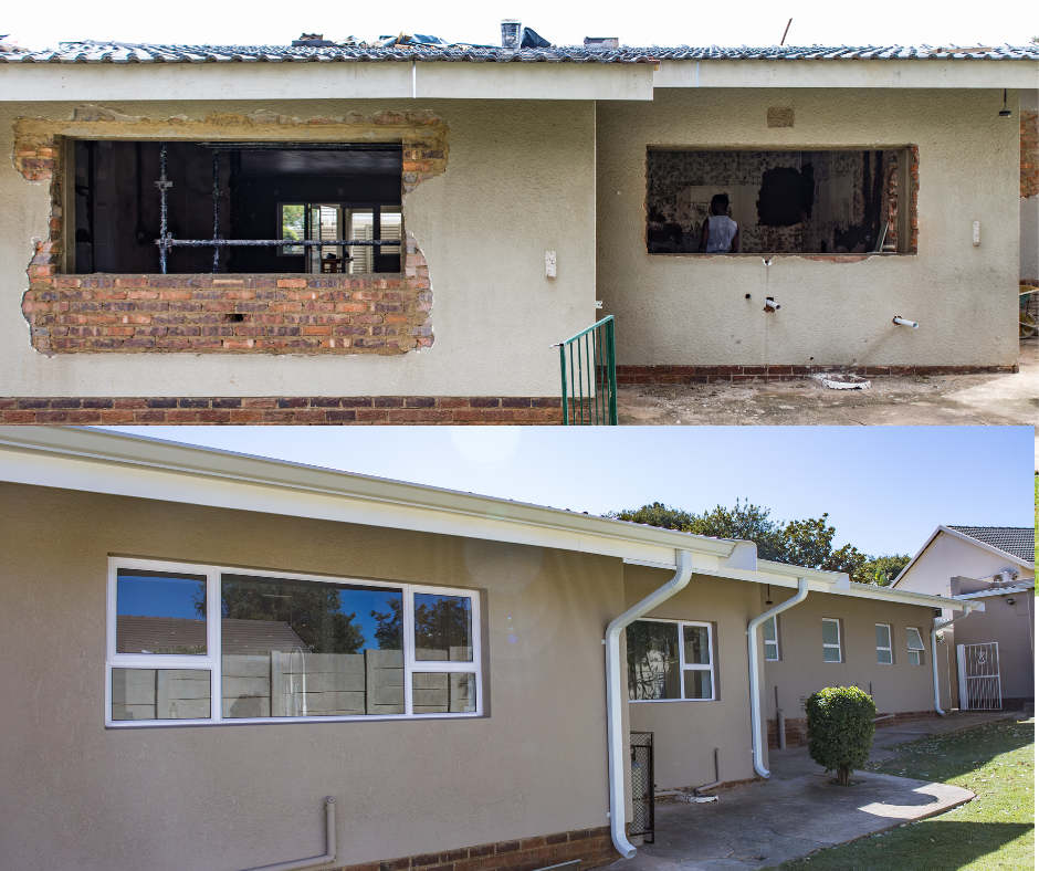 House exterior before-and-after: damaged windows replaced with new white-framed windows and repaired stucco.