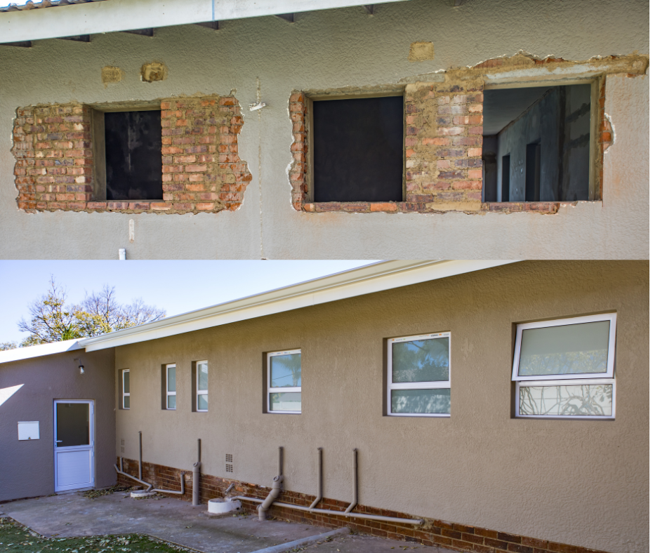 Before-and-after view of a building exterior renovation, showing exposed brick above and a finished tan stucco wall below