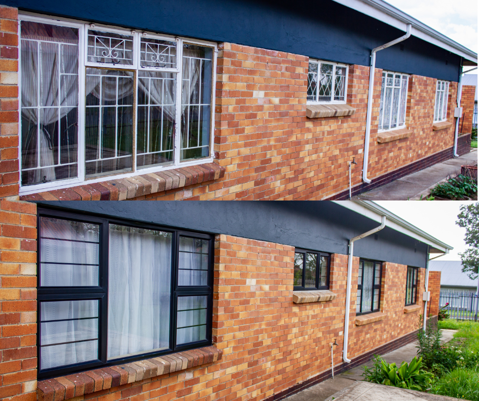 Brick house exterior with black-framed windows, showing before and after facade updates.
