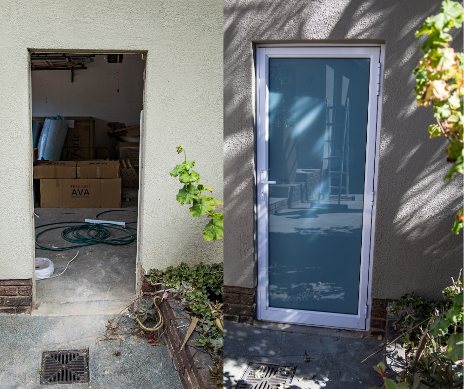 Exterior view of a home entry with an open utility door and a frosted glass side door by a stucco wall