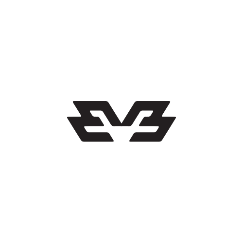 A black logo featuring stylized, mirrored
