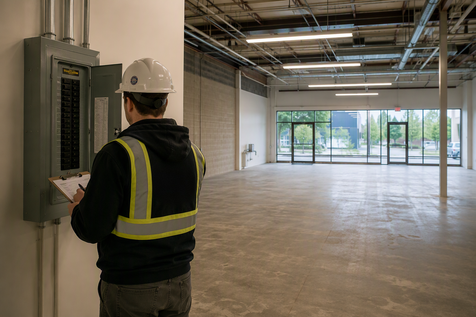 Worker in hard hat inspecting an electrical panel in an unfinished commercial space.