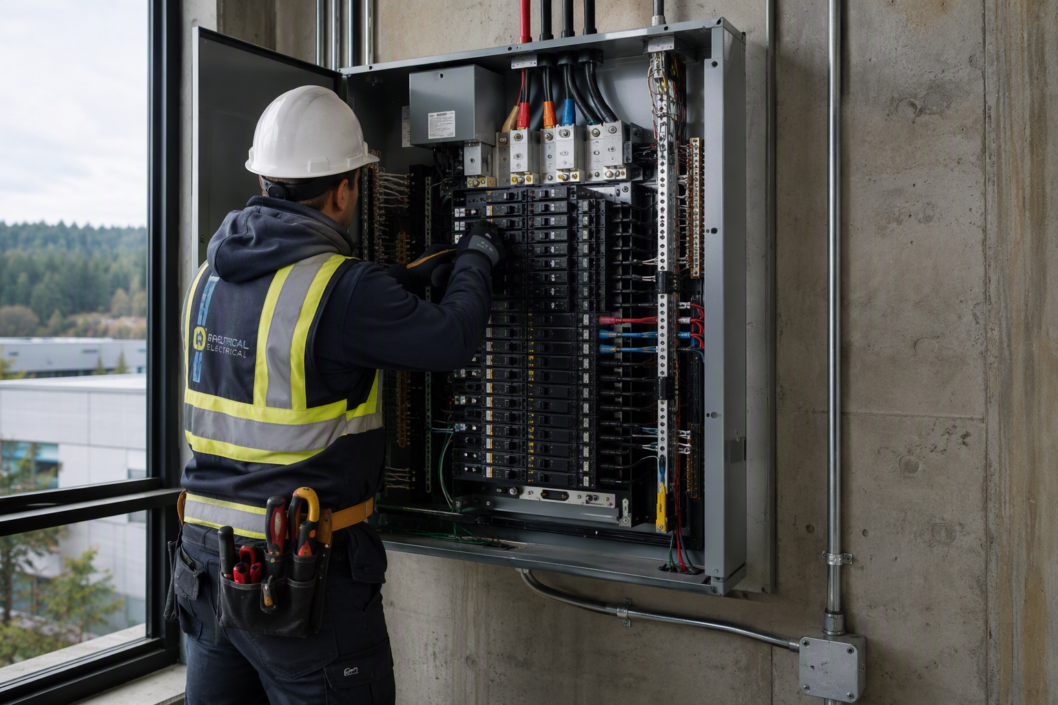 Electrician working inside an open outdoor electrical panel on a construction site.