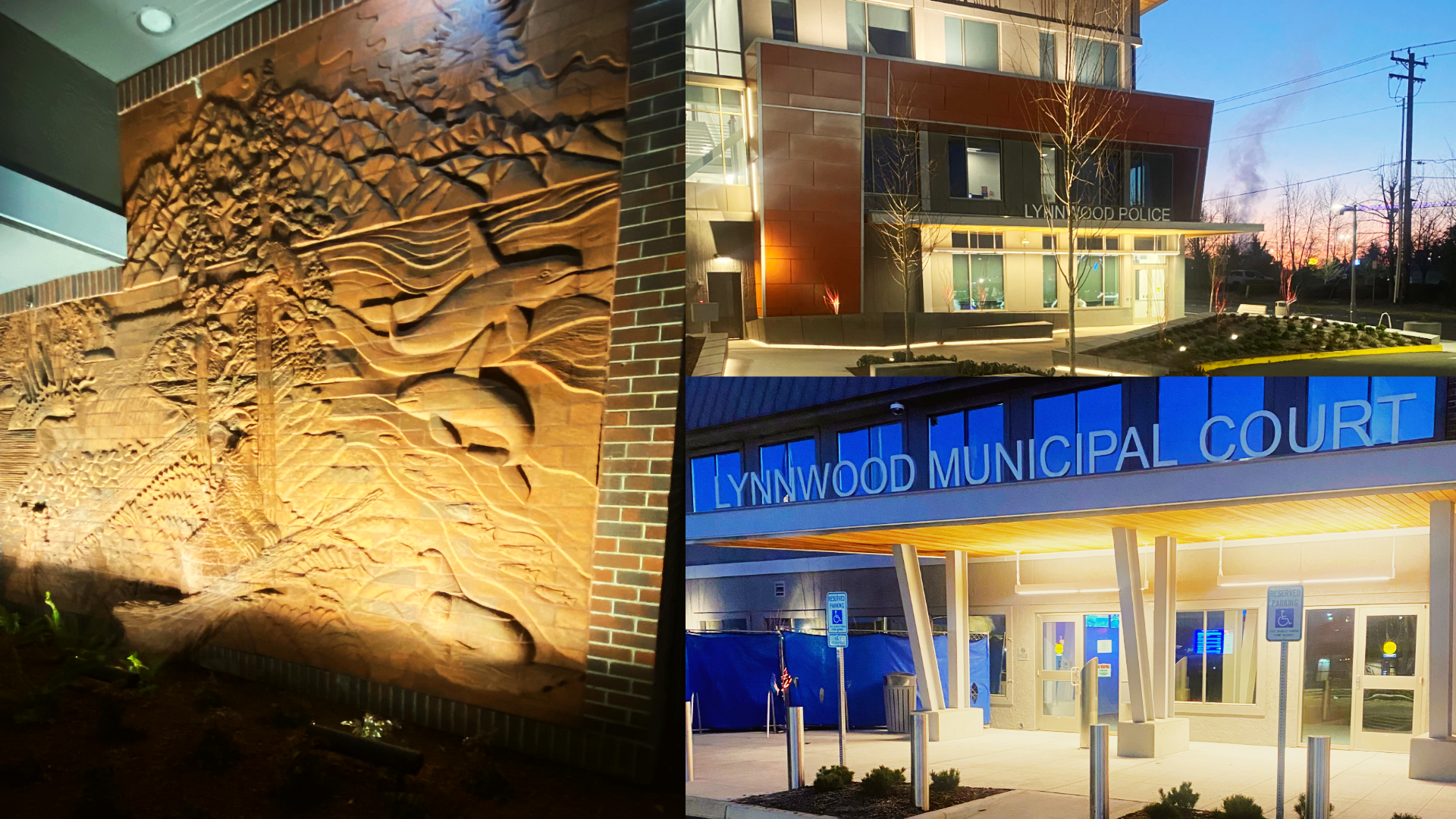 A picture of a lit-up brick artwork, the front entry of Lynnwood municipal court, and the front entry of Lynnwood police station.