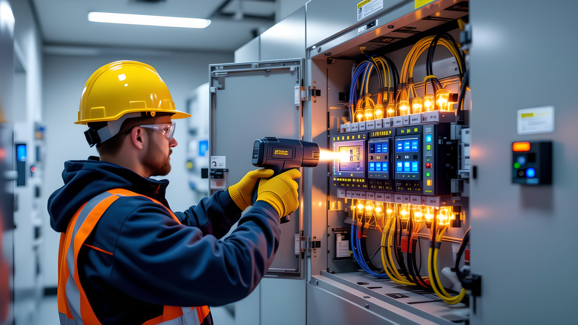 A professional electrician in PPE performing an infrared thermographic scan of a commercial building