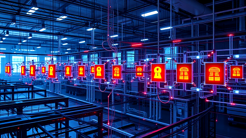 Cybersecurity for Electrical Systems A warehouse filled with lots of lights and signs hanging from the ceiling.