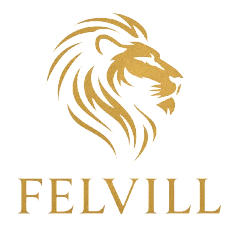 Logotipo de cabeza de león dorada sobre el nombre