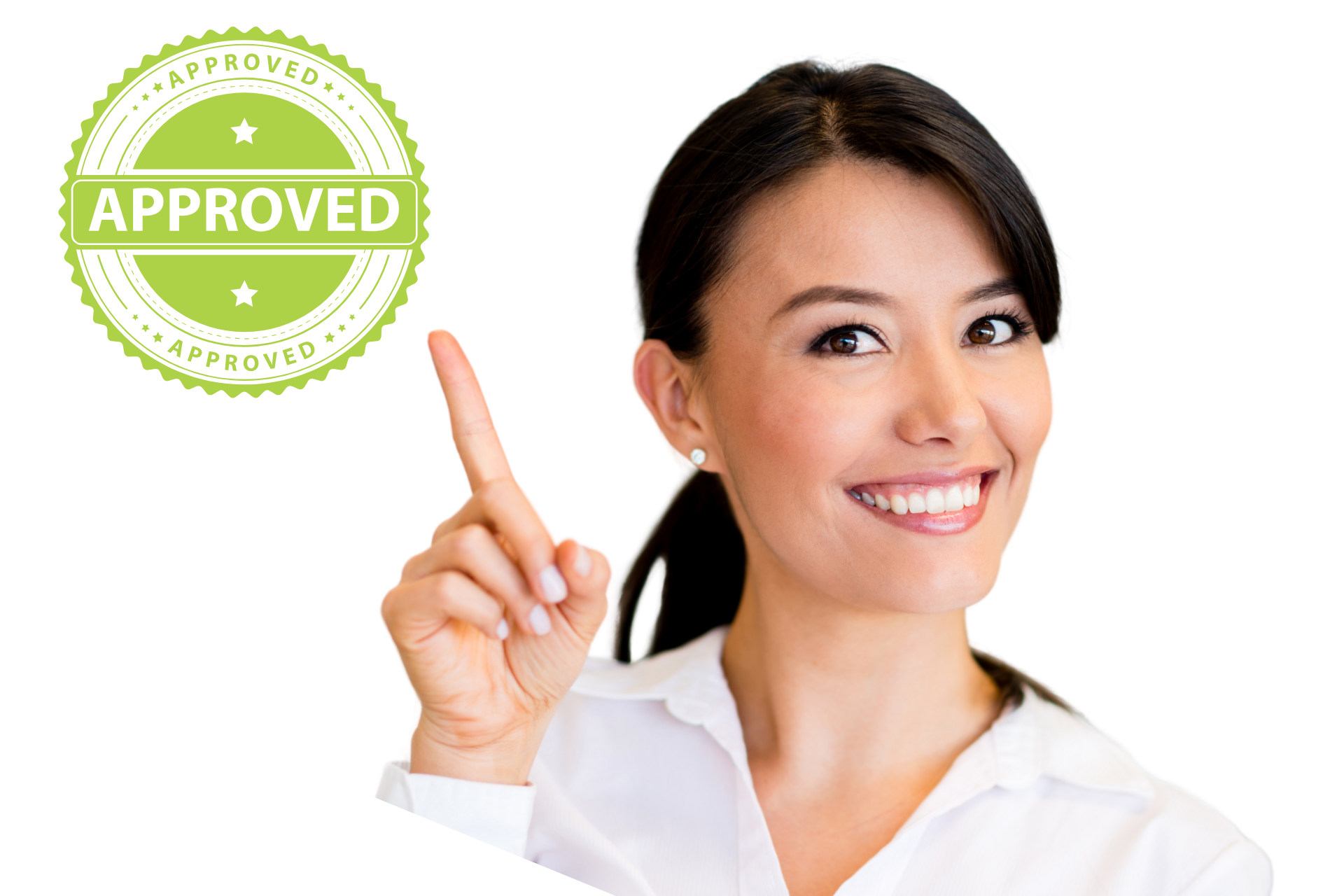 A woman is pointing up with her finger in front of an approved stamp.