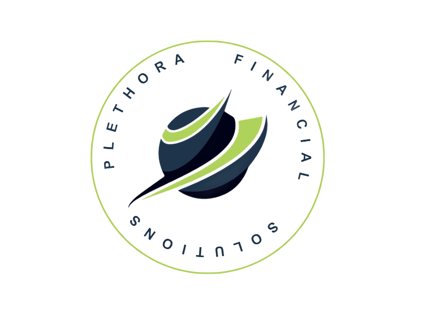 Plethora Financial Solutions logo with navy and lime green abstract leaf inside a circular wordmark.
