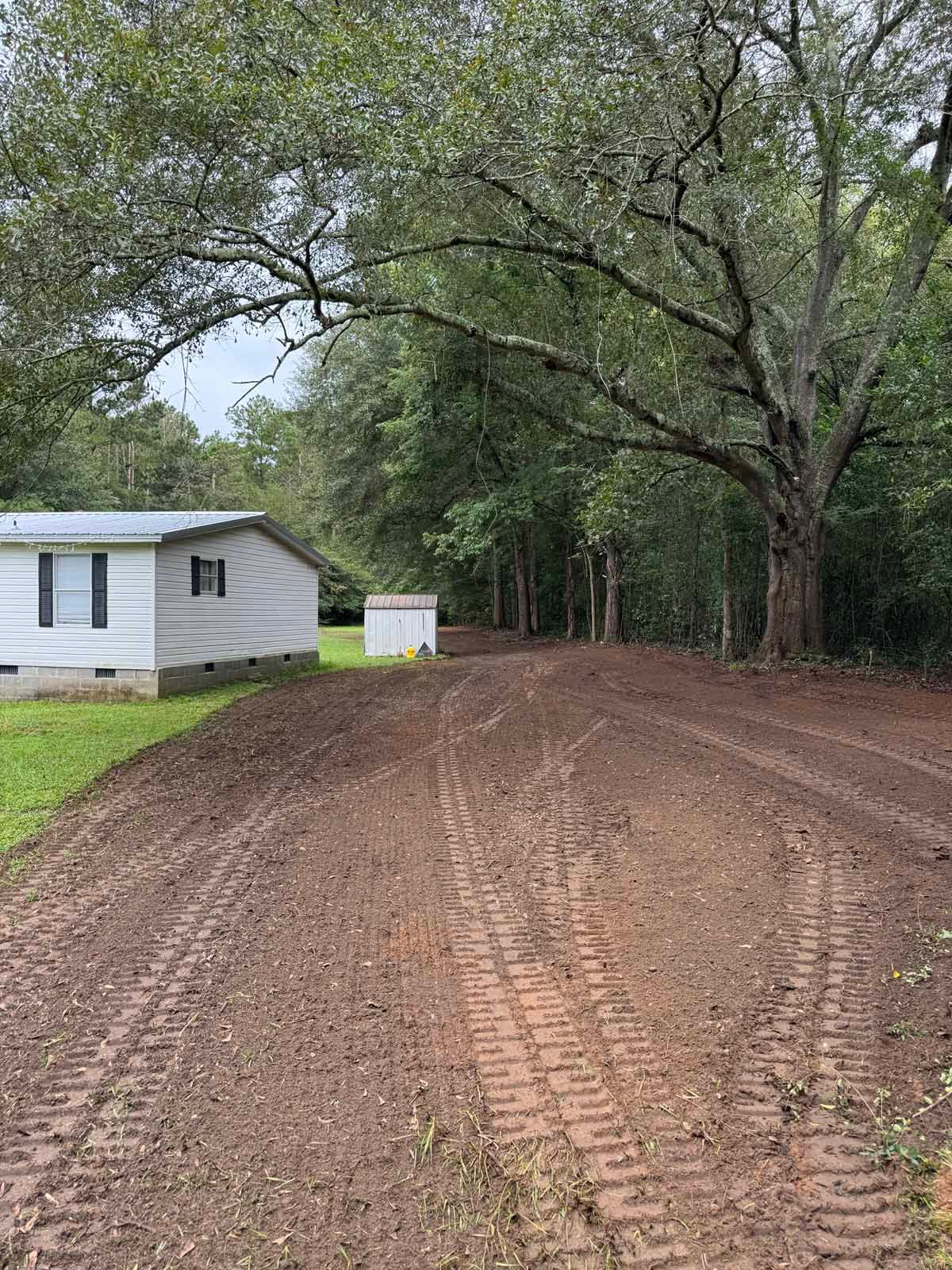 Dirt driveway with tire tracks, leading to a wooded area and a white trailer.