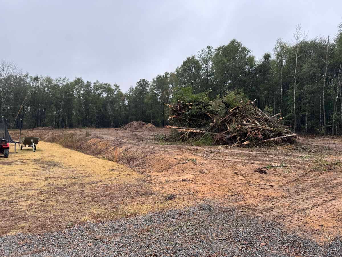 Cleared land with wood debris and trees in the background. Overcast day.