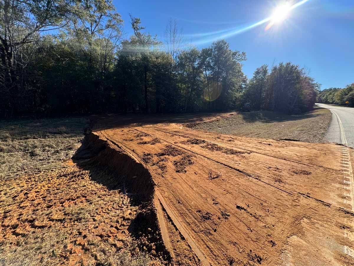 Dirt road curves near a road, trees in the background under a bright sun.