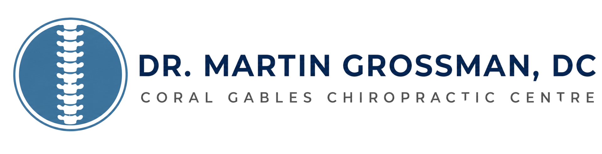 Dr. Martin Grossman, DC logo with blue spine icon and Coral Gables Chiropractic Centre text