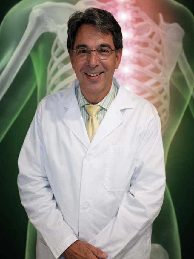 A doctor in a white coat, striped shirt, and yellow tie stands smiling in front of a skeletal diagram background.