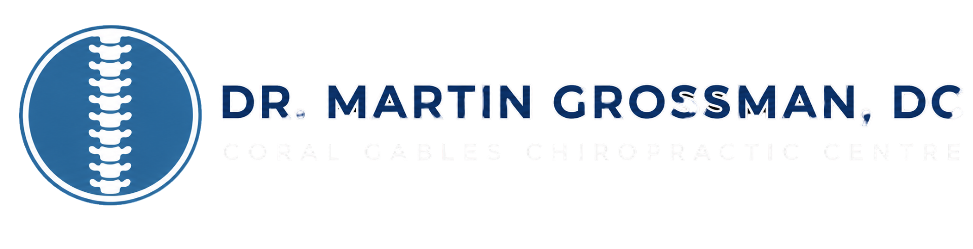 Logo for Dr. Martin Grossman, DC, Coral Gables Chiropractic Centre, featuring a spinal column icon inside a blue circle.
