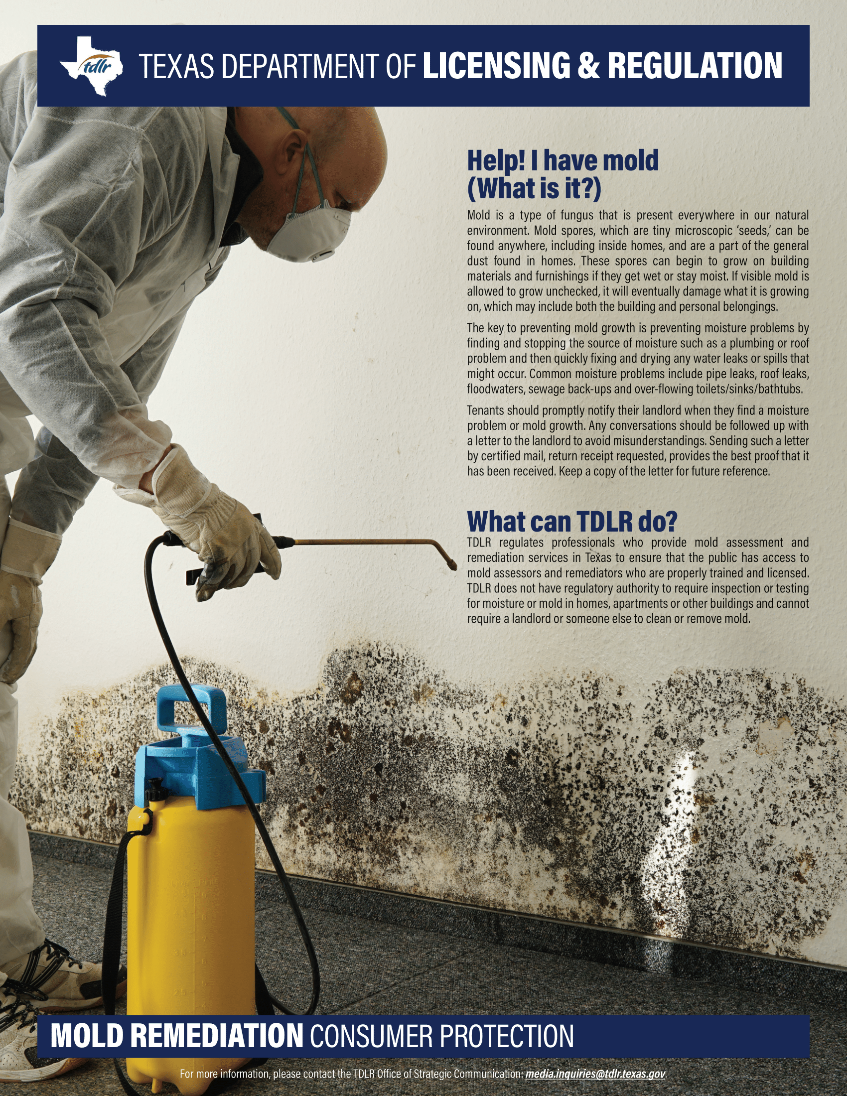 Mold remediation worker spraying a wall. Text says
