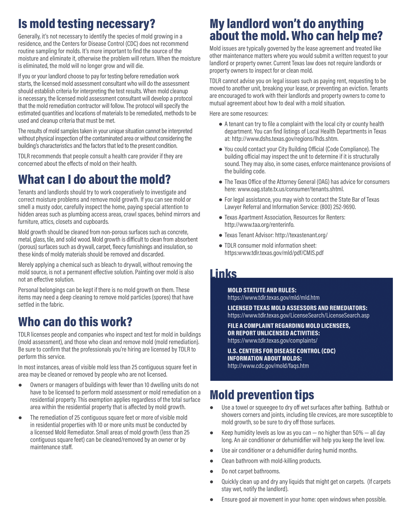 Informational flyer about mold: questions, answers, and resources, with a blue box for links.