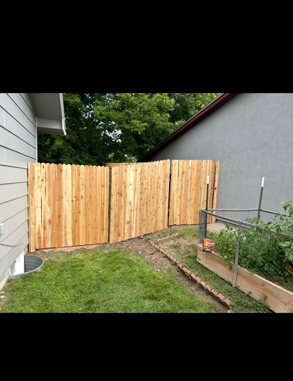 Fresh wooden fence beside a gray house, with a grassy yard and raised garden beds.