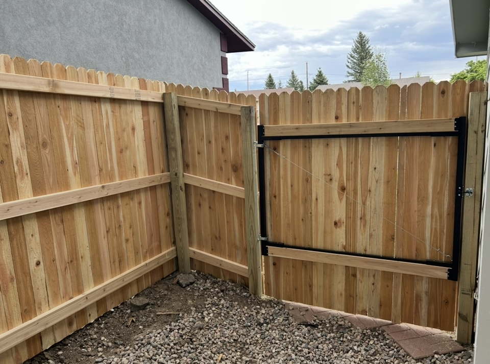 New wooden fence with a gate in a gravel backyard corner