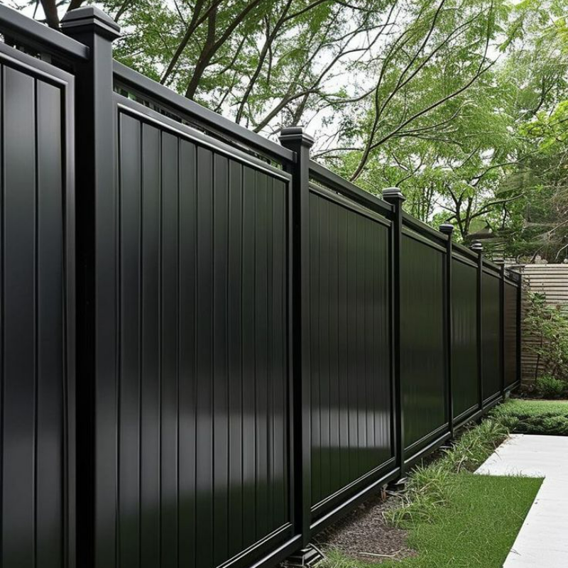 Tall black metal fence along a green backyard path under trees