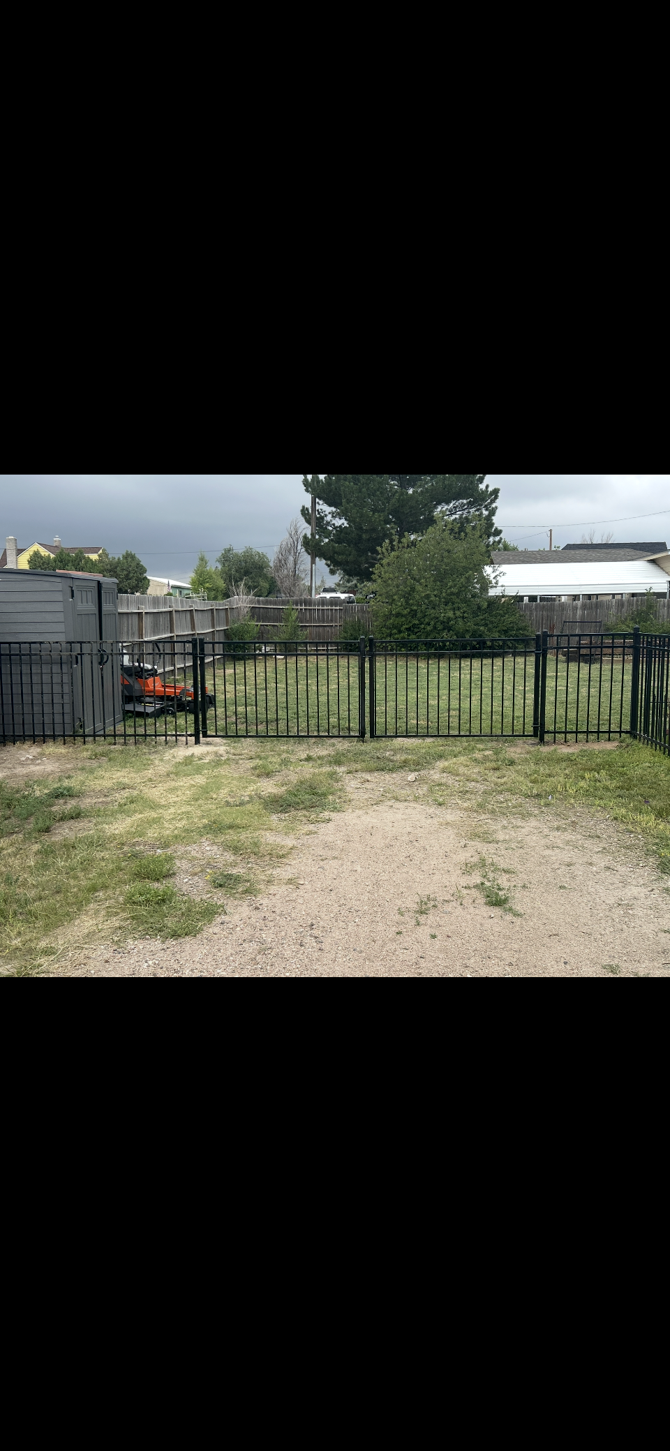 Backyard with patchy grass, black metal fence, trees, and a shed under a cloudy sky