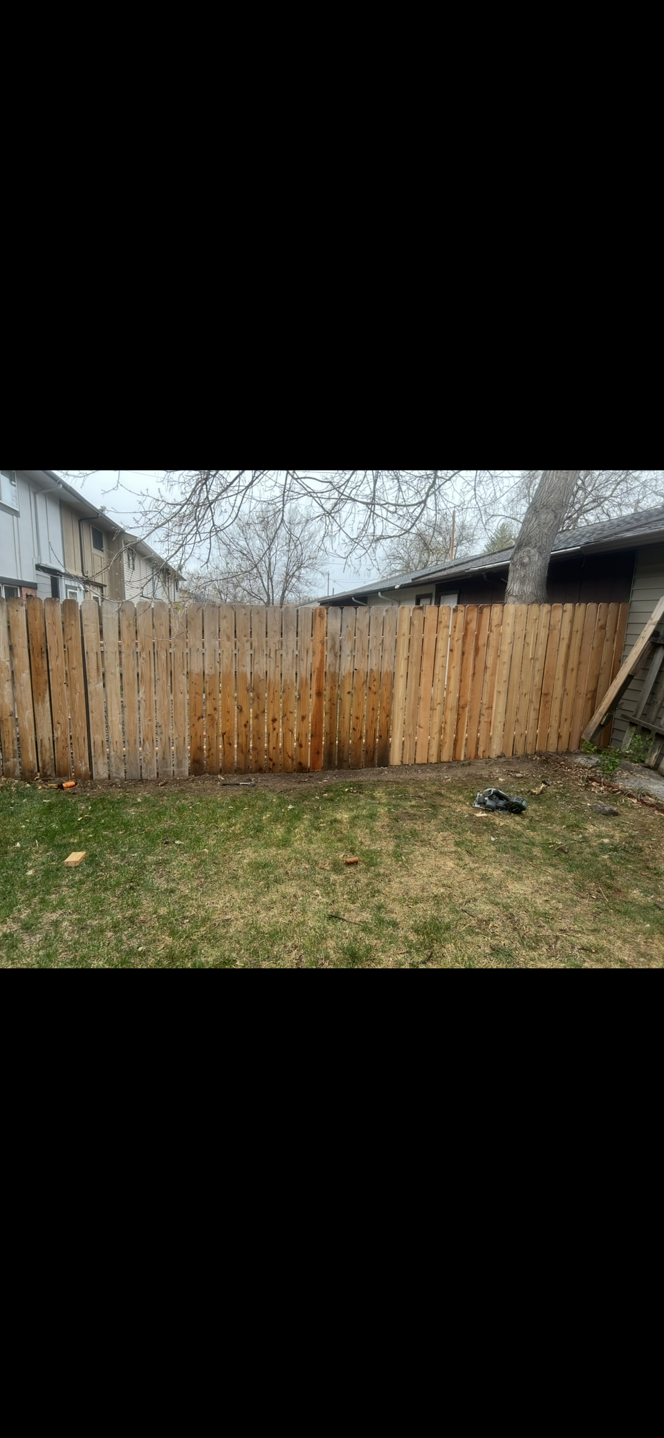 Weathered wooden fence in a yard with grass and bare trees under an overcast sky