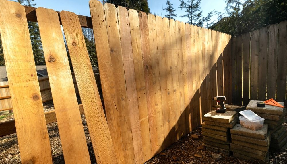 Sunlit wooden fence under construction in a backyard, with stacked materials and tools beside it.