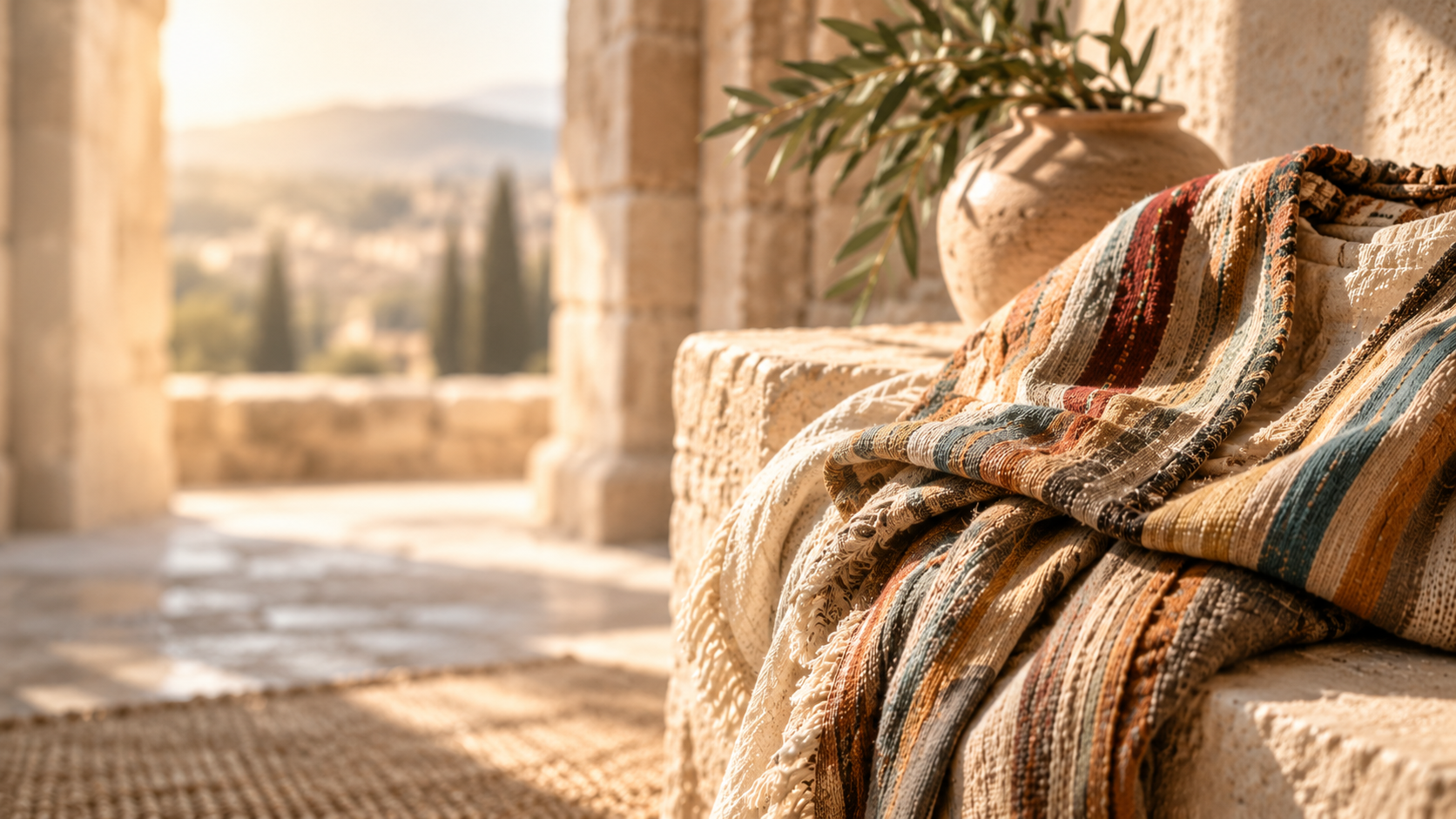 Cozy woven throw on a sunlit stone bench overlooking a warm Mediterranean-style patio.