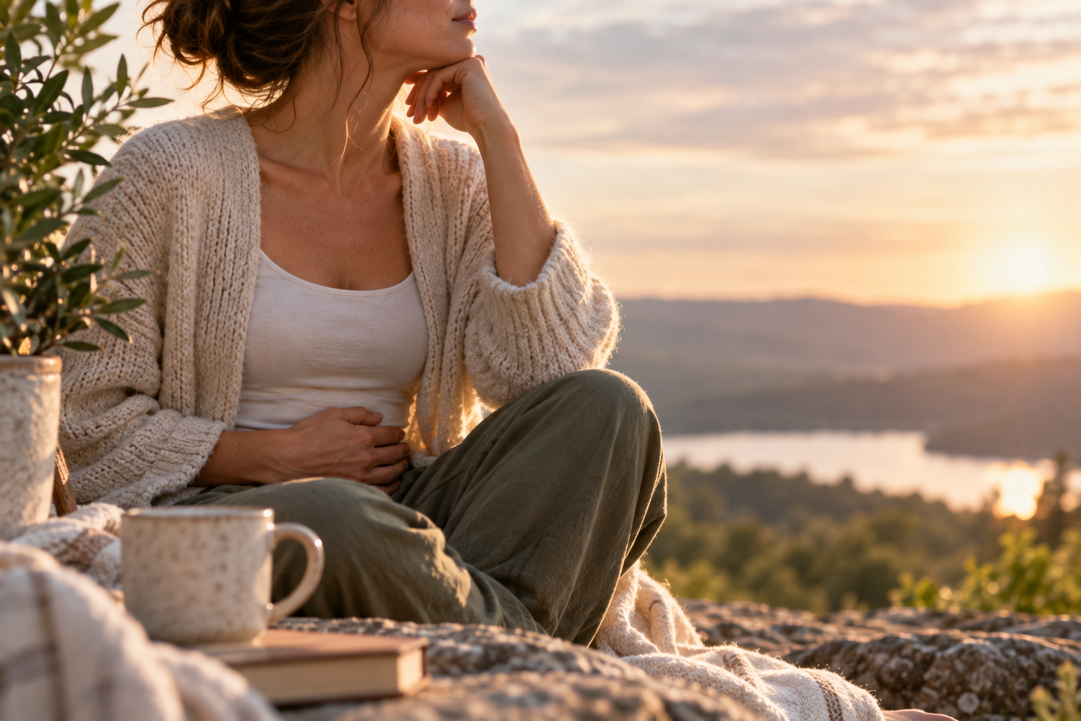 Woman sitting on a blanket with a mug, looking over a sunset lake view