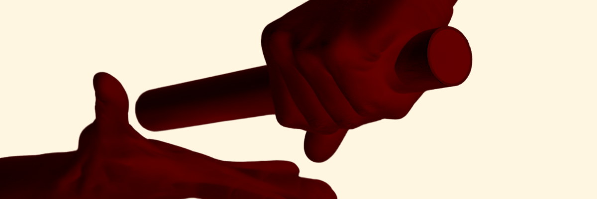 Red hands making a frame gesture on a cream-colored background.