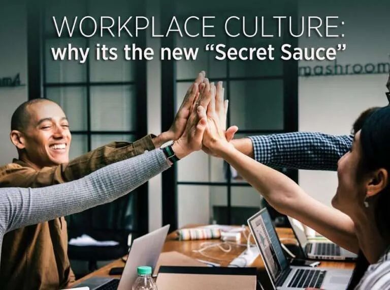 People high-fiving at an office table; the words