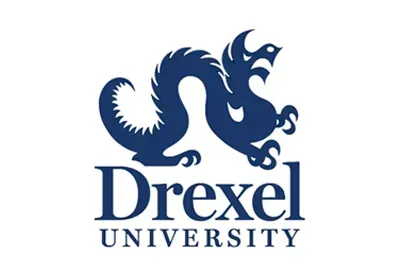 Drexel University logo with a navy blue dragon, arching over the word