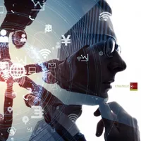 Silhouette of a man wearing glasses, overlaid with digital icons, pondering;