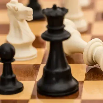 Black queen and pawn on chessboard with defeated white pieces.