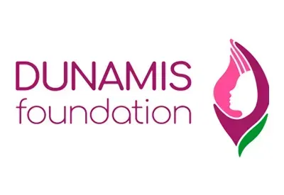 Logo for Dunamis Foundation: purple text, woman's silhouette in a stylized flower.