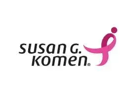 Susan G. Komen logo: Pink ribbon with figure. Black text: