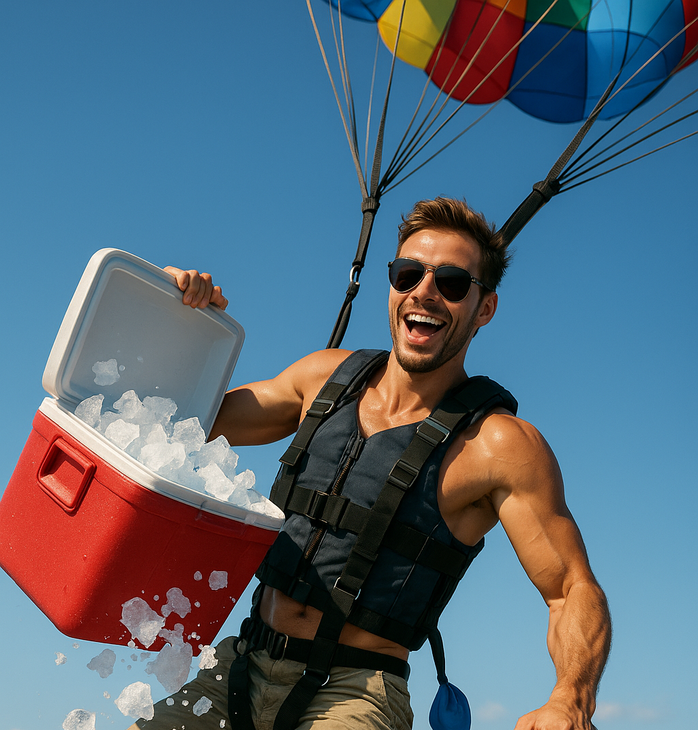 Man skydiving, holding open a cooler spilling ice, laughing, blue sky.