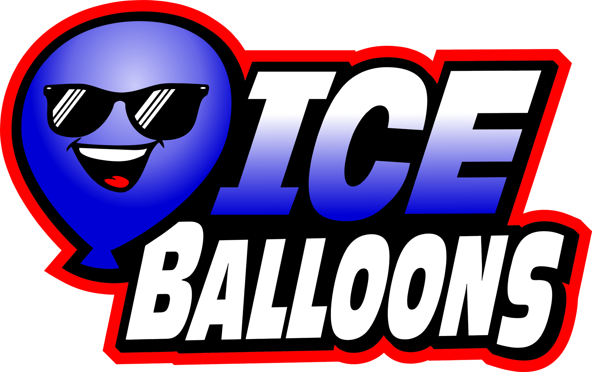 Blue balloon with sunglasses and the words 