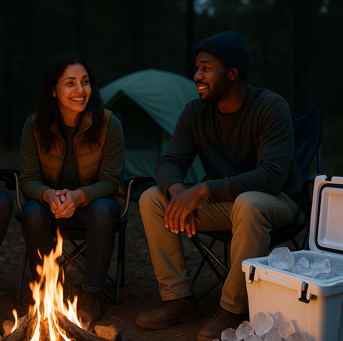 Two people smile and chat near a campfire at a campsite, with a tent and cooler visible.